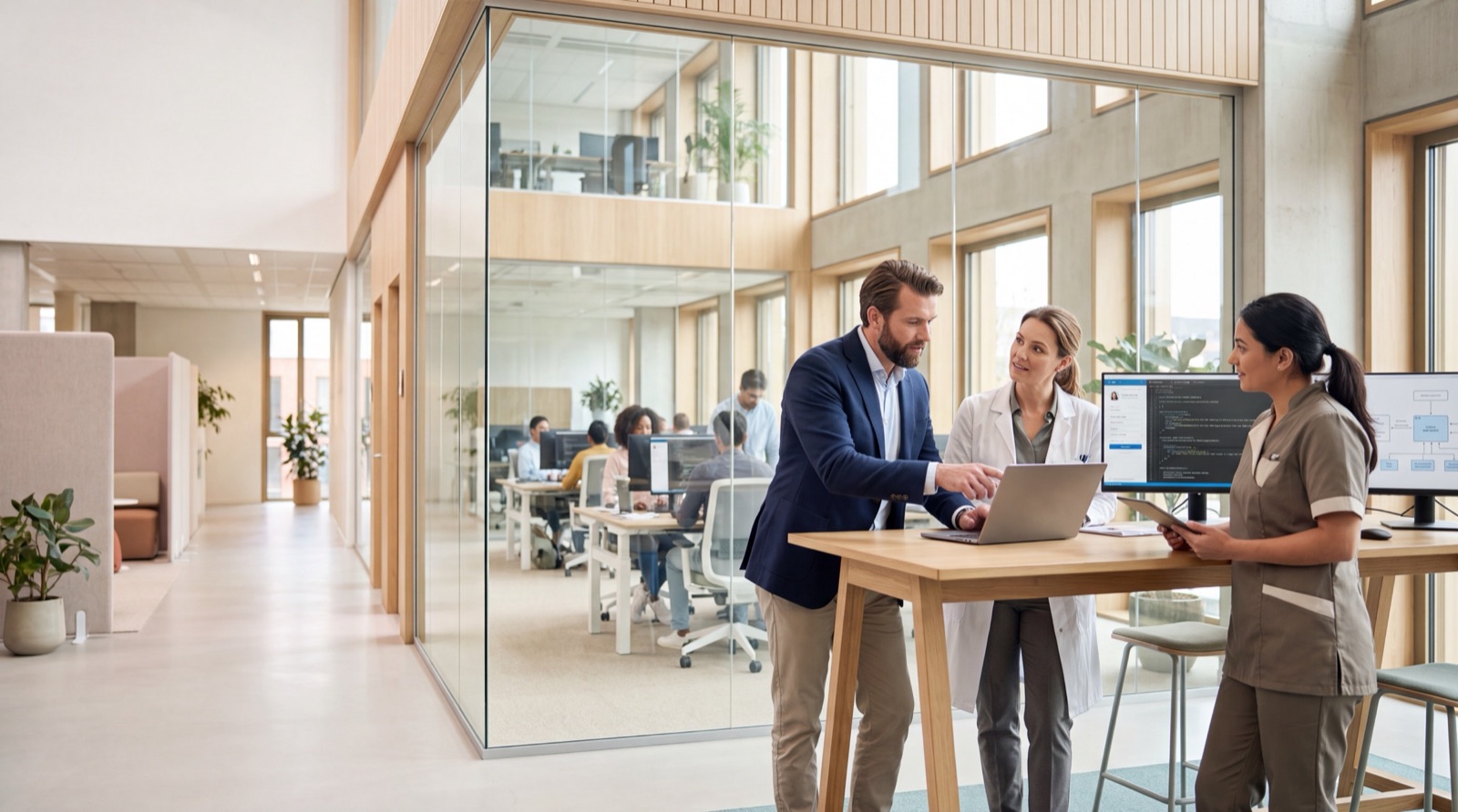 Adviseur van Be Better bespreekt een digitale zorgoplossing op een laptop met twee zorgprofessionals