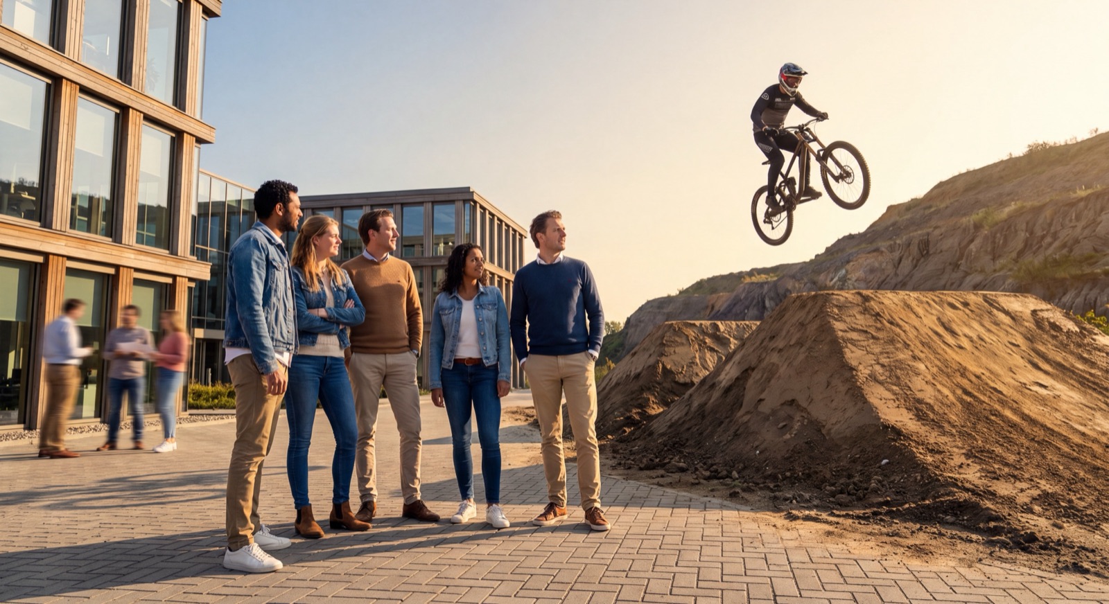 Het team van Fastware kijkt toe terwijl een mountainbiker een sprong maakt naast het kantoor