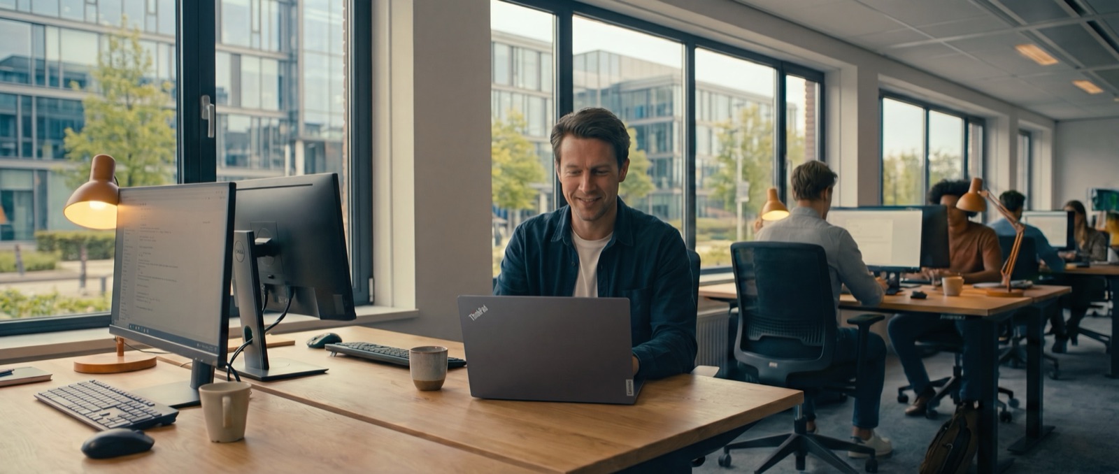 Medewerkers van Invision ICT werken achter hun laptop in een licht kantoor met grote ramen